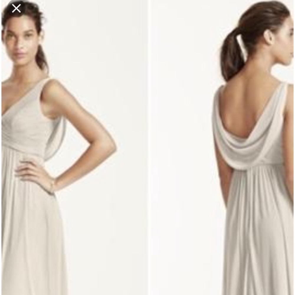 Navy David’s Bridal Long Mesh Dress w/ Cowl Back